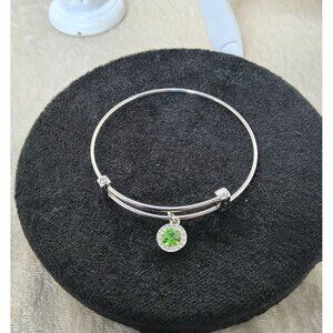 Halle Joy Silver Tone Green Crystal Incircled By Clear Chrystals Bangle Bracelet
